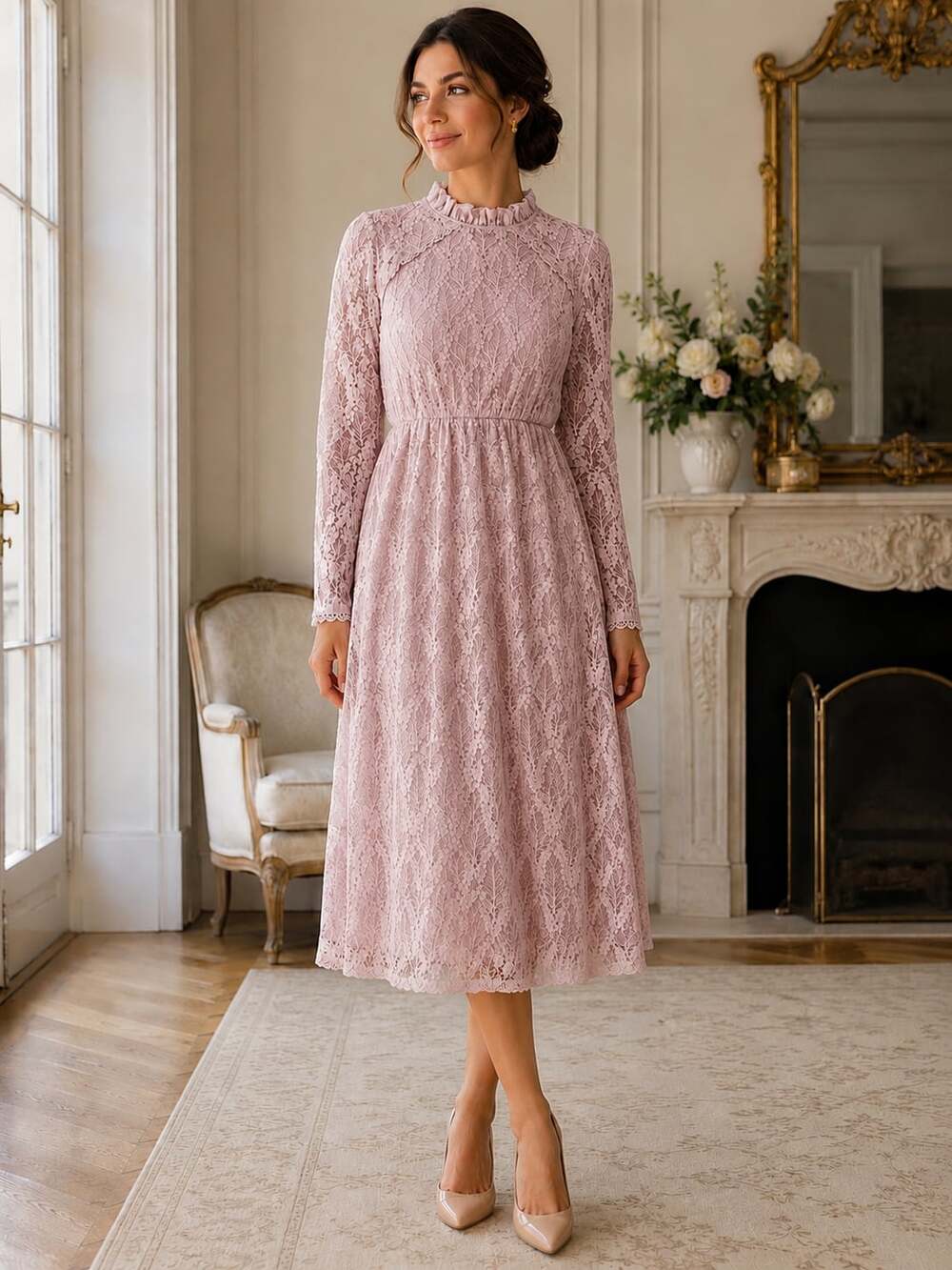 ROOLEE Blush Pink Floral Lace Midi Dress Ruffle Neck Lined